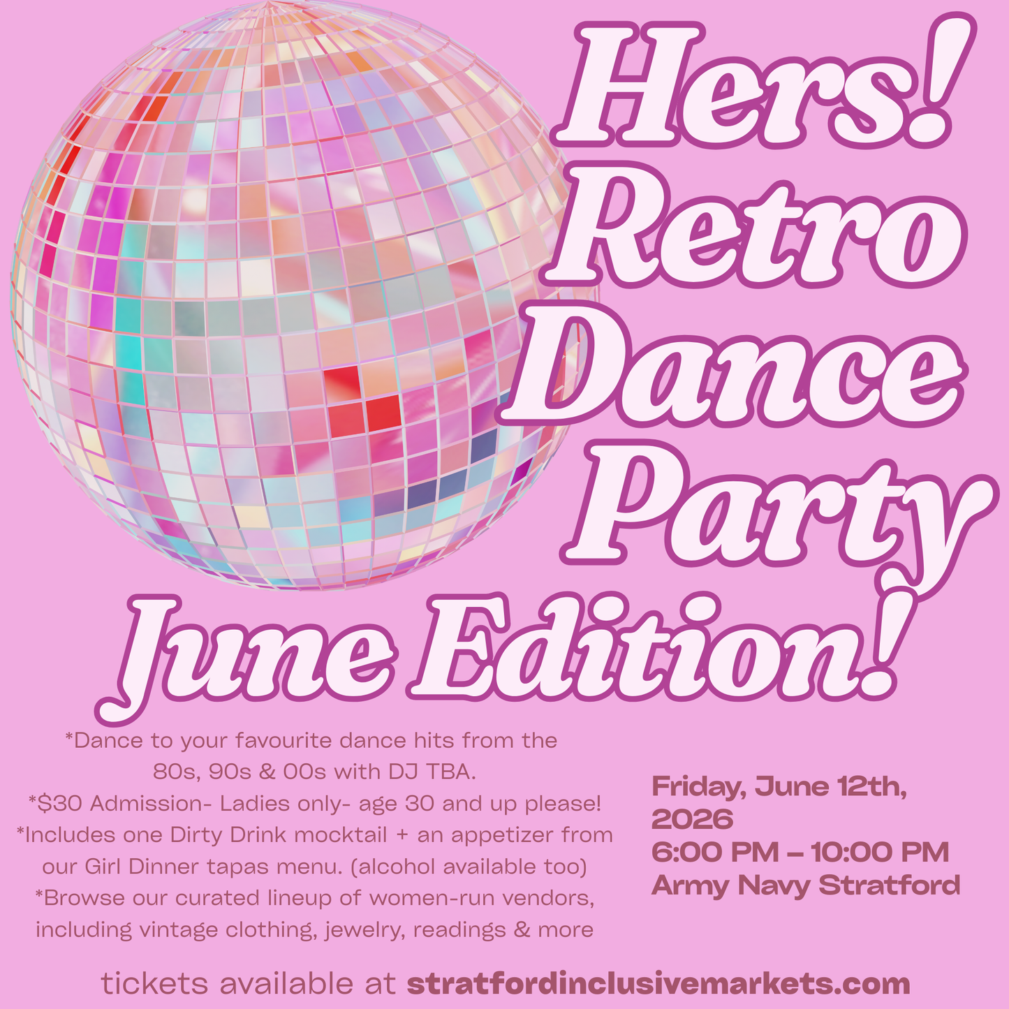 June Edition Hers! Retro Dance Party Ticket- prices go up to $35 March 1st